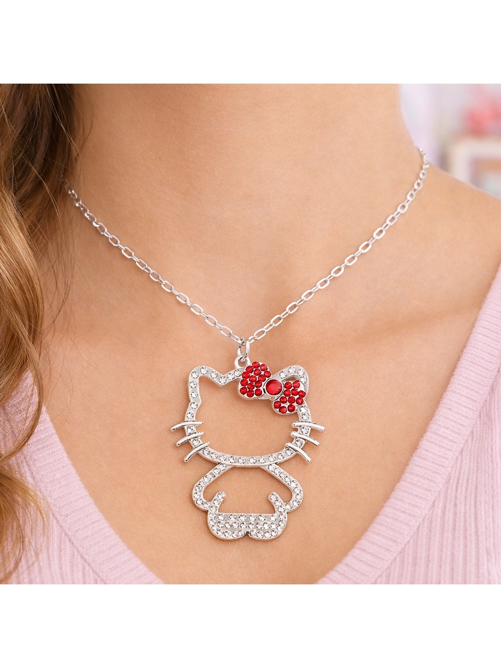 Hello Kitty Rhinestone Pendant Necklace – Sparkling Silver Charm Jewelry NWOT